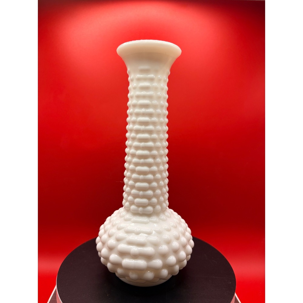 Vintage Fenton White Milk Glass Hobnail Bud Vase 8 Inch Mid Century Modern Decor